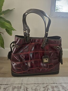 Patent Croc-Embossed Tote in Burgundy with Dark Trim